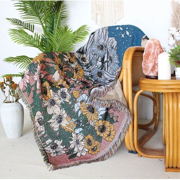 Phases of the Moon Mountain Night Sky Woven Jacquard Throw Blanket Tapestry - Picture 4 of 6